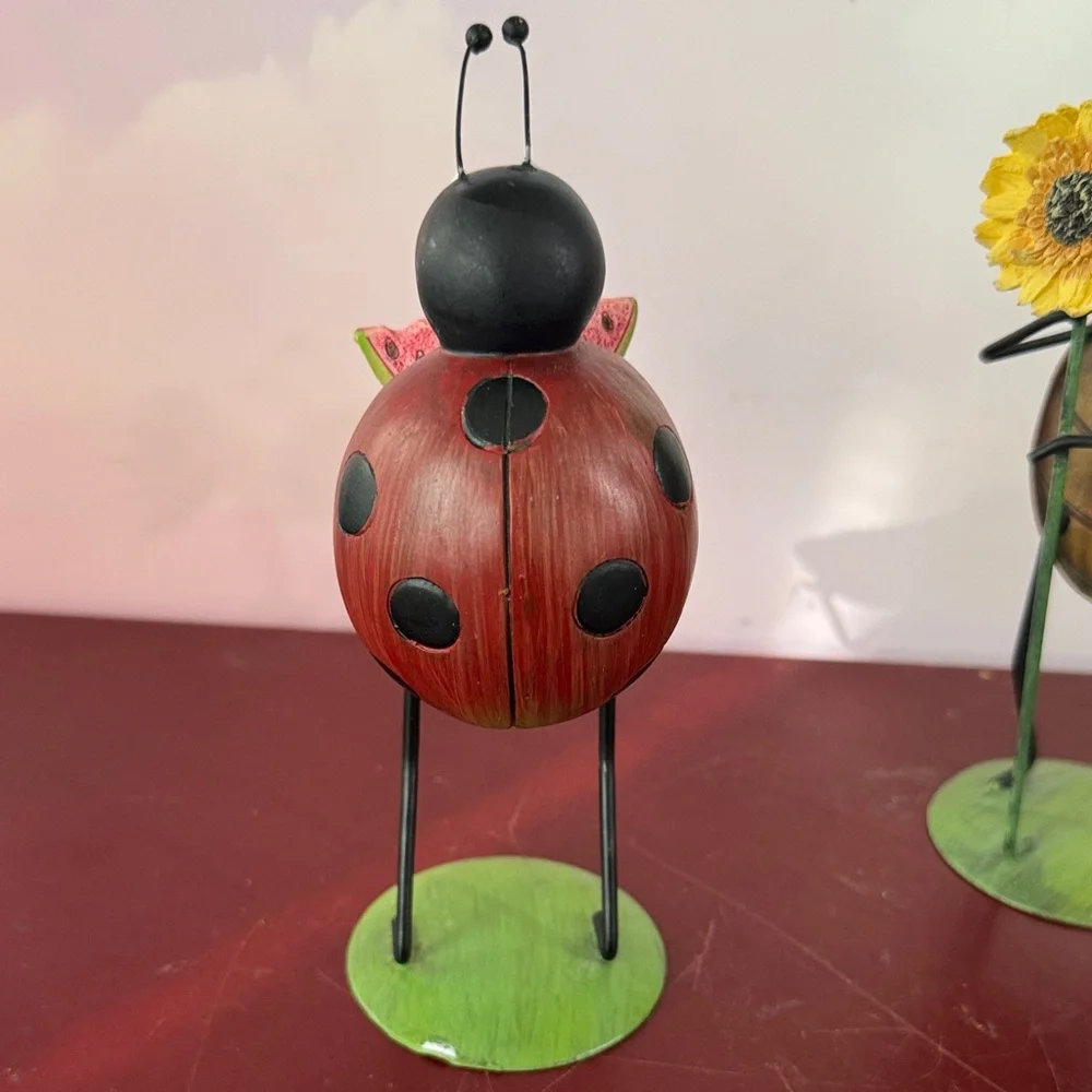Pair of Whimsical Ladybug Figurines with Watermelon and Sunflower